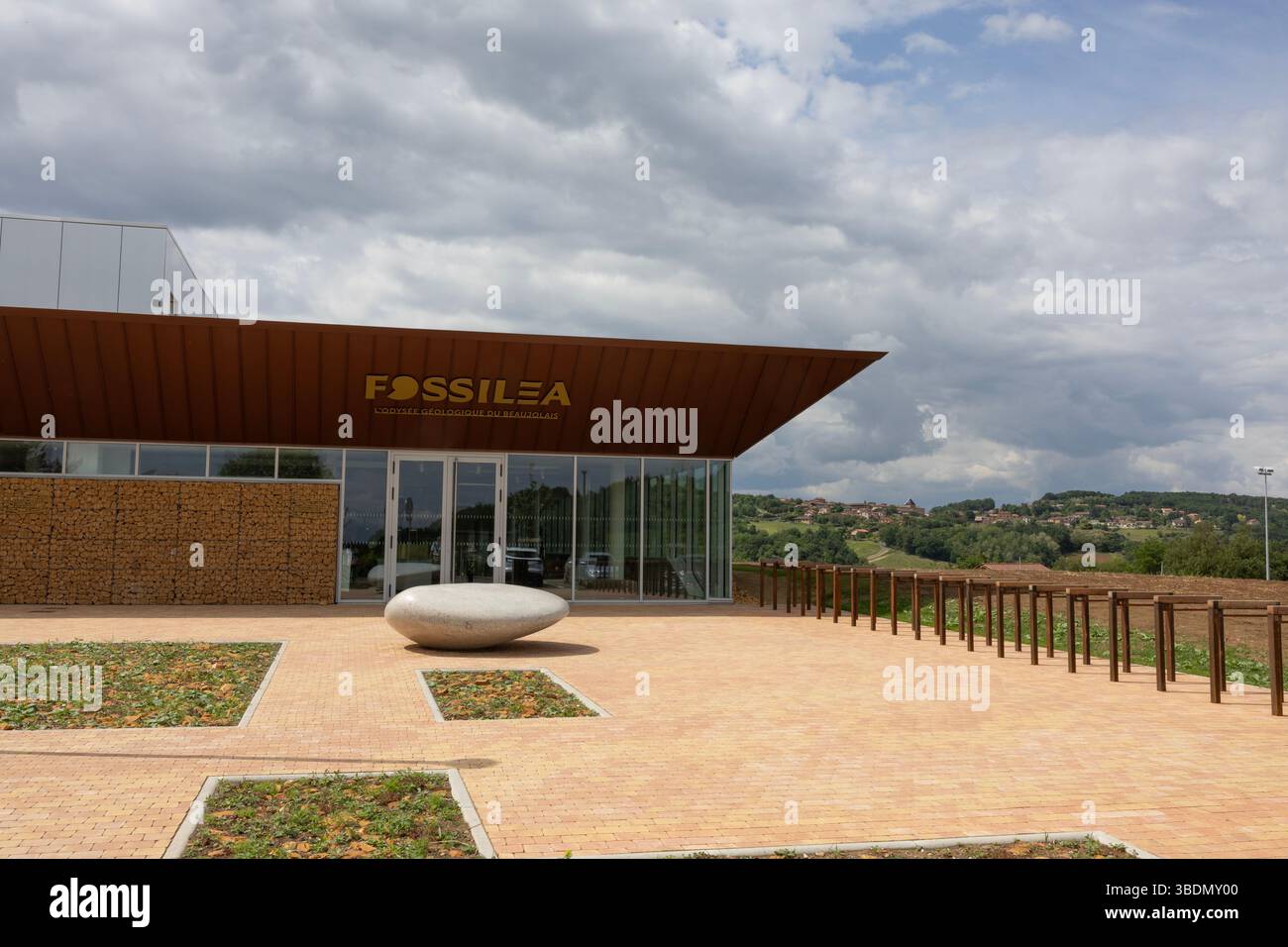 Il museo Fossilea, inaugurato di recente, nella regione francese del Beaujolais, presenta un pannello delle famose pietre dorate della regione sulla sua facciata. Foto Stock