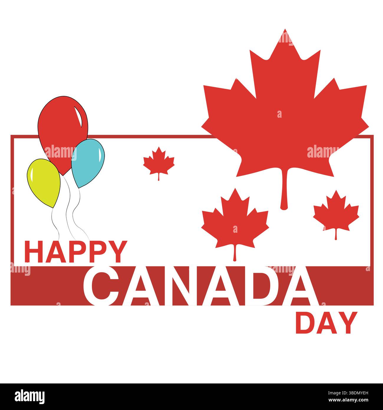 Un vettore festivo del Canada Day con foglie d'acero, palloncini rossi e testo celebrativo, perfetto per disegni patriottici e opere d'arte per le festività nazionali Illustrazione Vettoriale