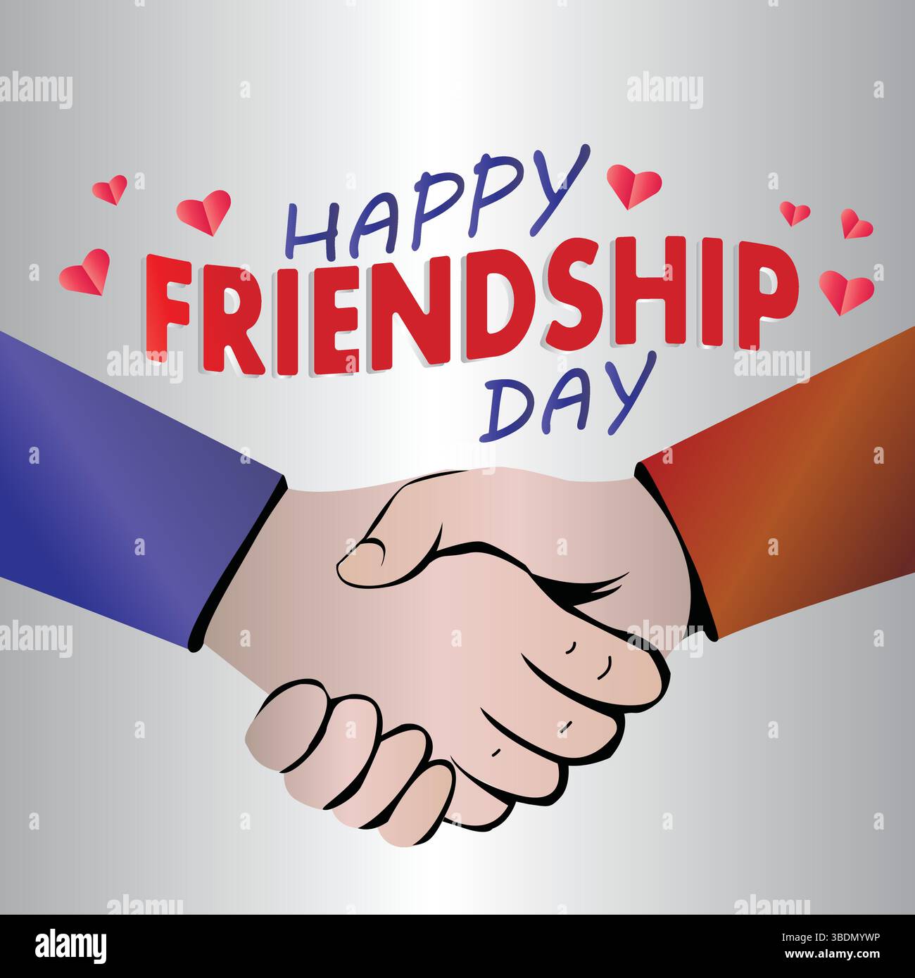 Un vettore creativo di due mani che tremano di fronte a uno sfondo giallo con il testo "giorno dell'amicizia", ideale per il lavoro di squadra dell'unità o la celebrazione del legame visivo Illustrazione Vettoriale