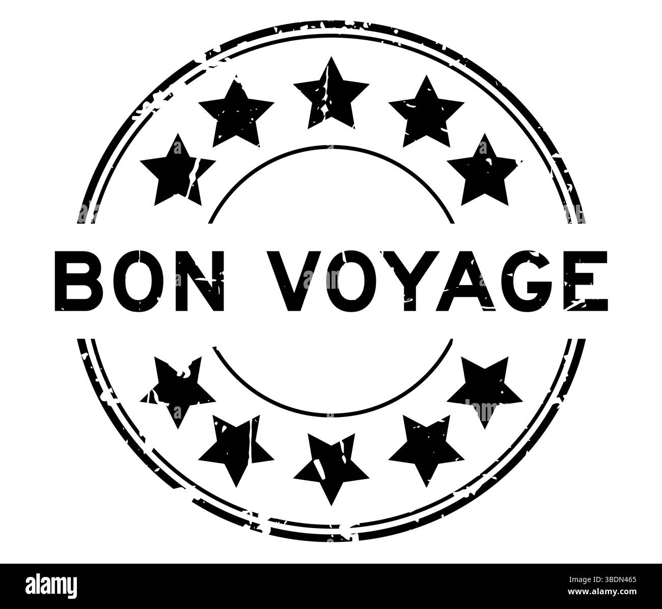 Parola nera grunge bon voyage con simbolo a stella timbro rotondo in gomma su sfondo bianco Illustrazione Vettoriale