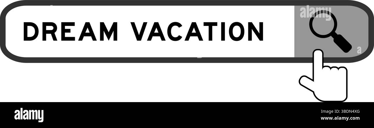 Cerca banner in Word Dream Vacation con l'icona della lente di ingrandimento a mano su sfondo bianco Illustrazione Vettoriale