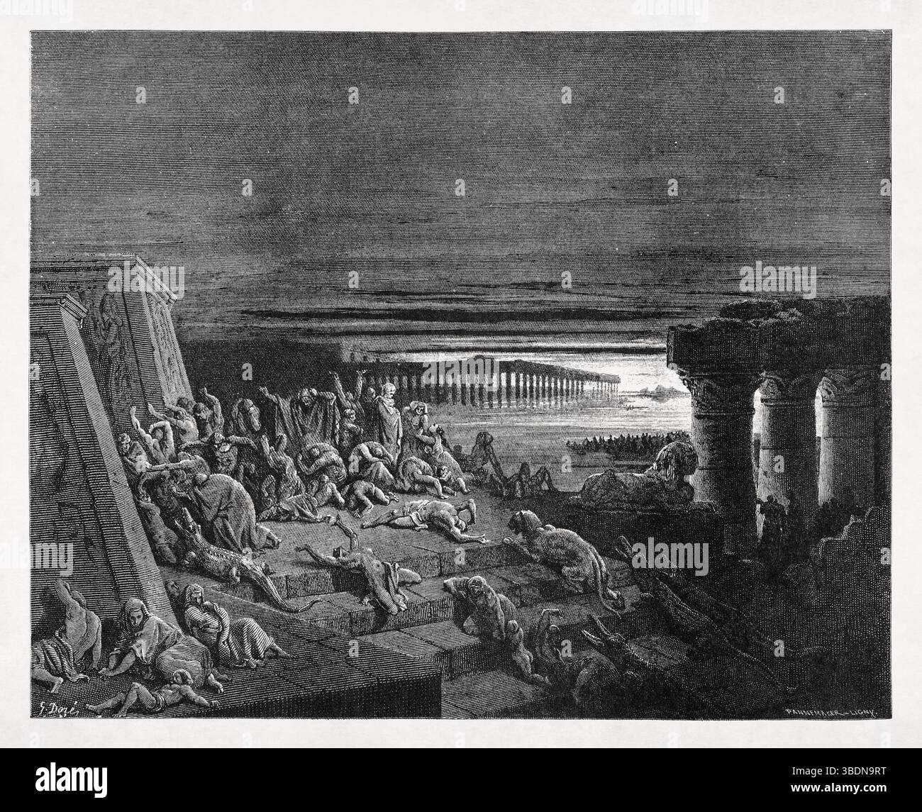 Incisione di Gustave Doré che rappresenta la Nona peste - tre giorni di oscurità totale (Esodo 10:21-23). Foto Stock