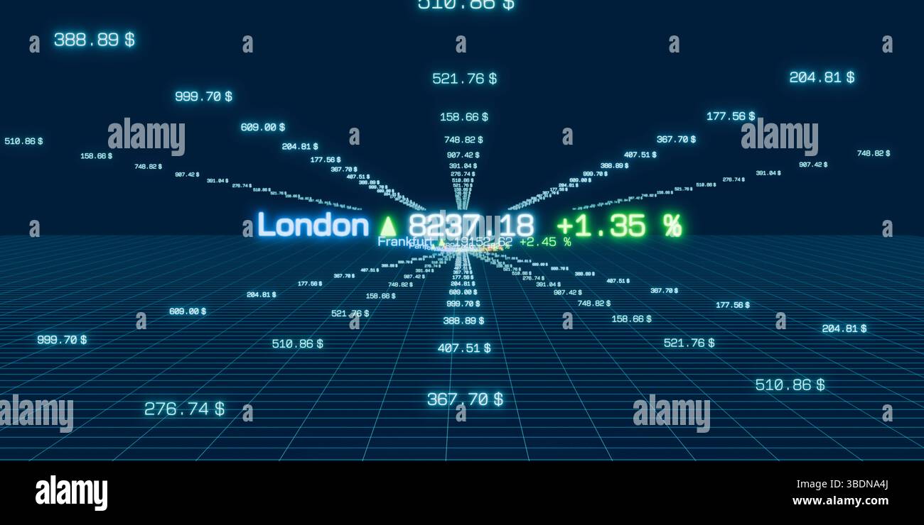 Dati degli indici azionari astratti, aumento del London marlet e dati finanziari. Dati astratti sugli indici azionari e dati finanziari. Il mercato azionario di Londra sta crescendo. Business, mercato finanziario, investire, banking, trading, rischio, volatilità. Illustrazione 3D img stock market104s02 abstract market data Foto Stock