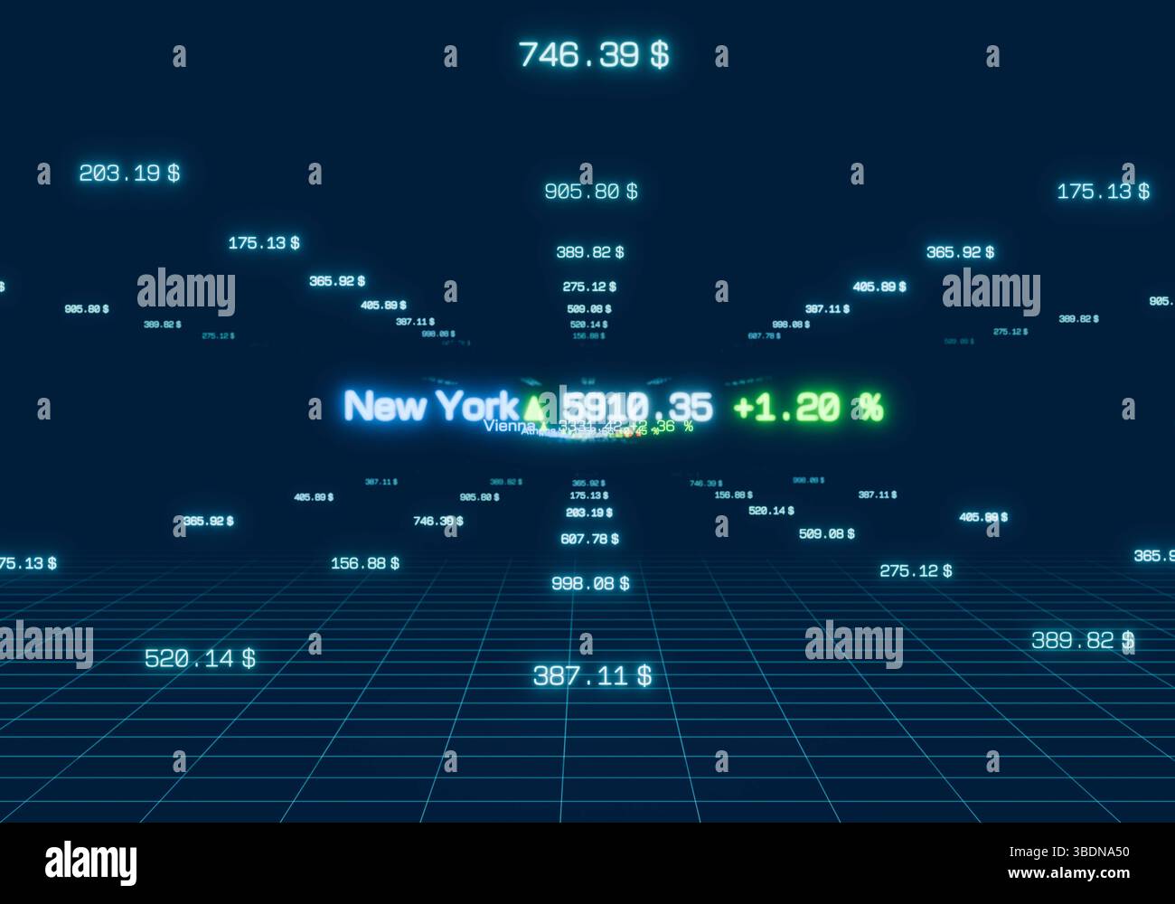 Dati degli indici azionari astratti, New York marlet in aumento e dati finanziari. Dati astratti sugli indici azionari e dati finanziari. Il mercato azionario di New York sta crescendo. Business, mercato finanziario, investire, banking, trading, rischio, volatilità. Illustrazione 3D img stock market104s01 abstract market data Foto Stock