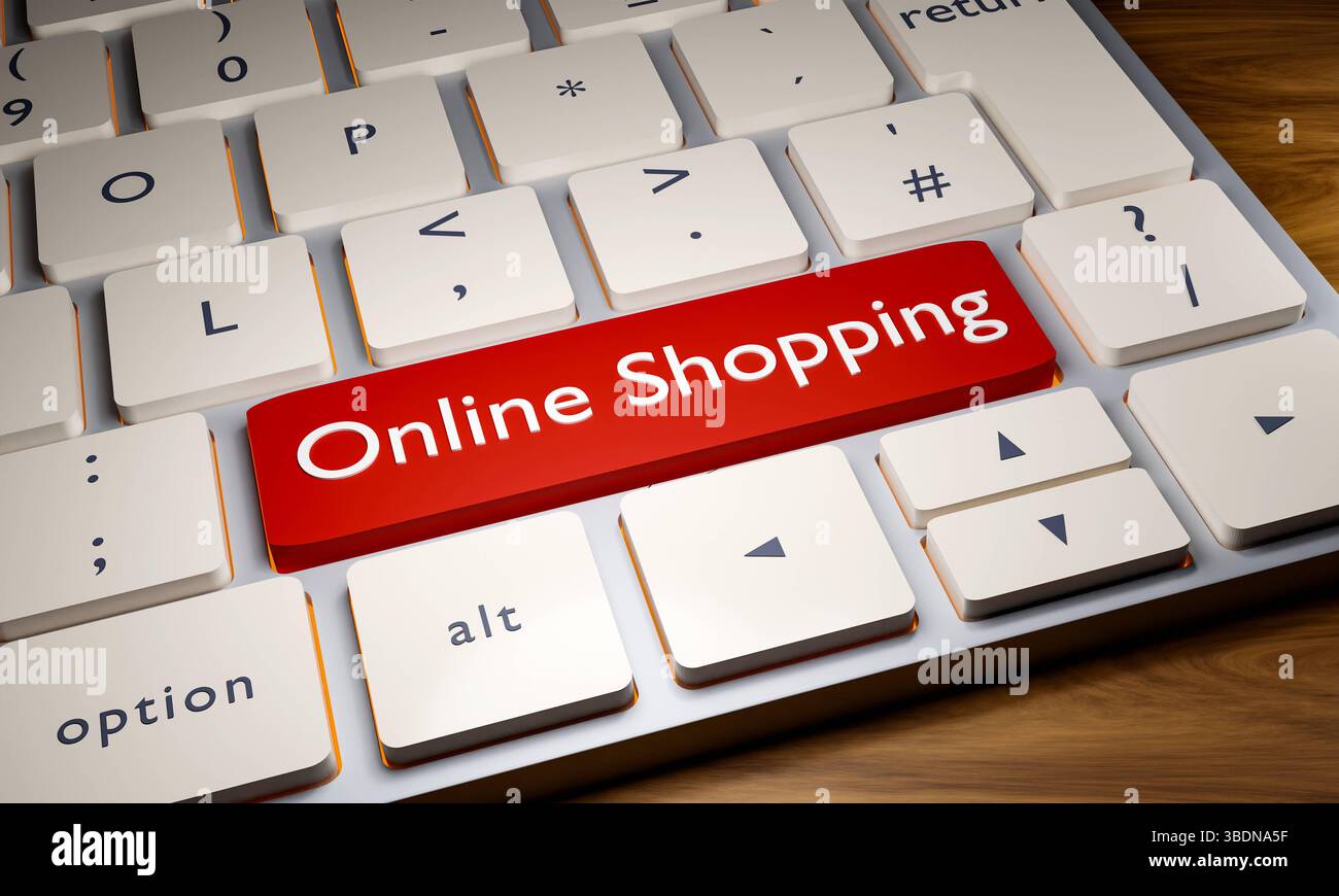 Shopping online, tastiera con tasto per lo shopping online. Shopping online, tastiera con tasto per lo shopping online. Tastiera del computer in primo piano, un tasto è rosso. E-commerce, negozio online, business online. Illustrazione 3D keyboard 050 online shopping Foto Stock