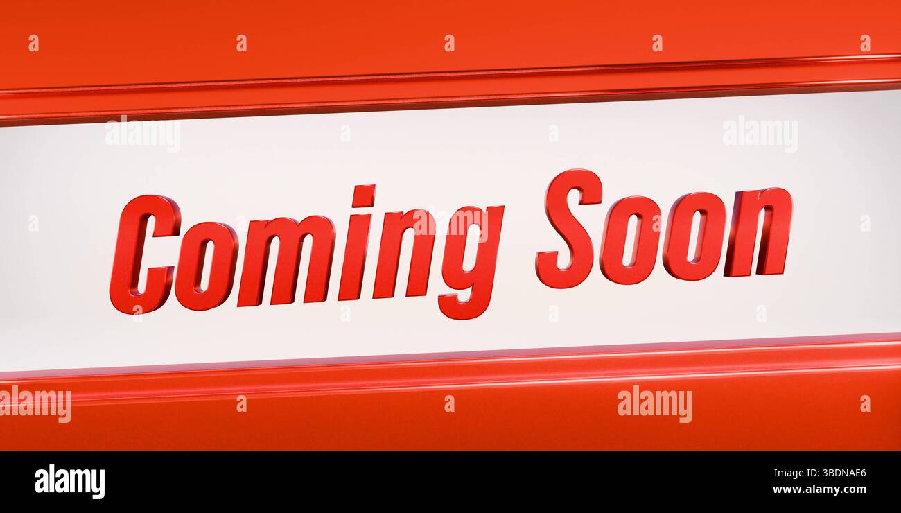 Presto disponibile, banner. Presto disponibile, luccicante striscione metallico in rosso. Marketing, evento di apertura, messaggio di annuncio, evento, store, merchandising, business, evento di prima classe. Illustrazione 3D text banner M014 coming soon Foto Stock