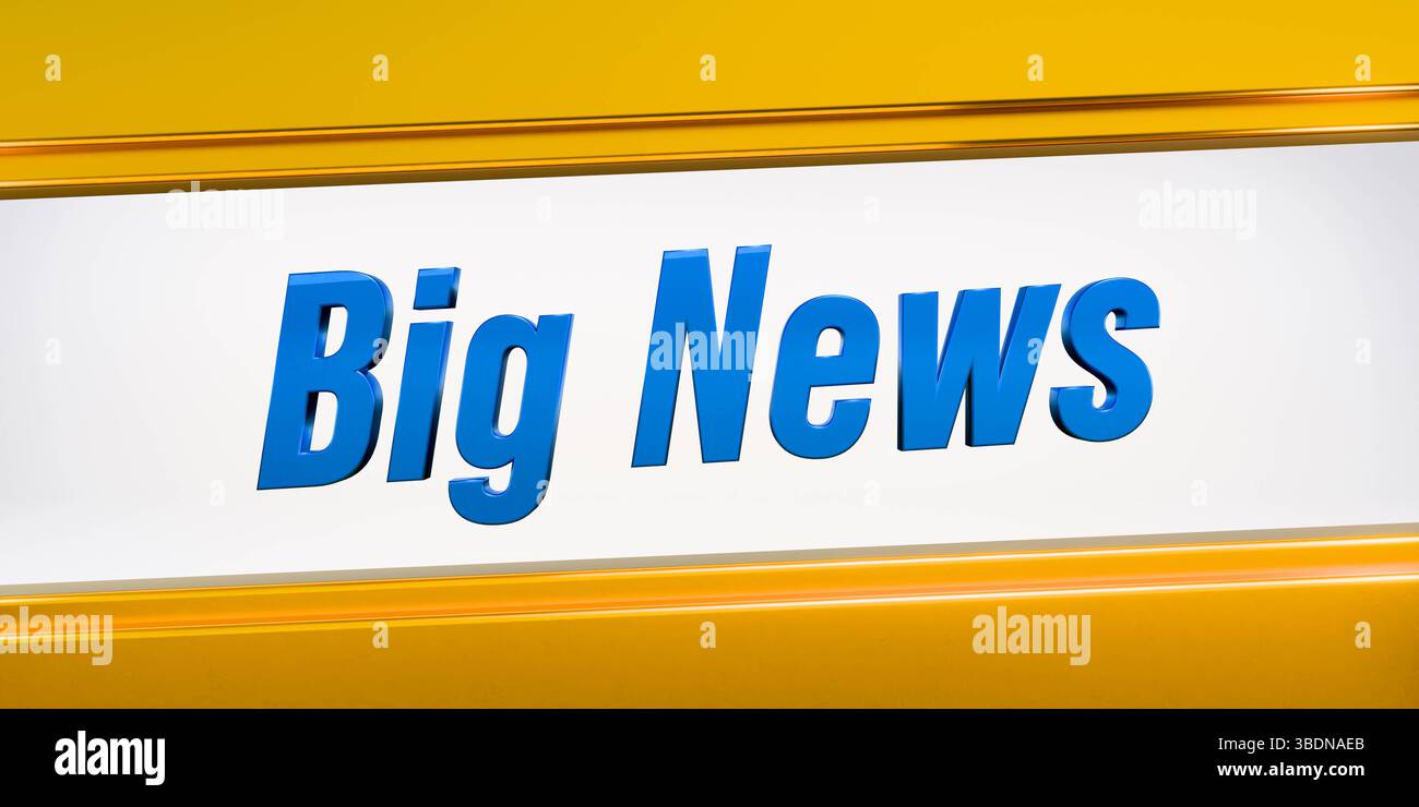 Big News, banner. Big News, luccicante striscione metallizzato giallo e blu. Cartello informativo, media, nuovo, messaggio di annuncio, evento informativo, social media, lancio, evento di lancio. Illustrazione 3D text banner M010 big news Foto Stock