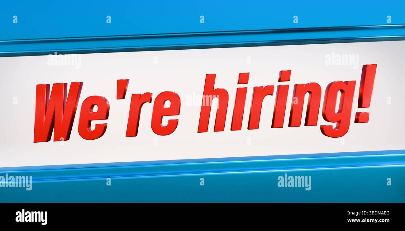 Stiamo assumendo, striscione. Stiamo assumendo uno striscione metallico lucido in rosso e blu. Assunzione, colloquio di lavoro, occupazione, occupazione e lavoro, posto vacante, apprendista. Illustrazione 3D text banner M012 We are hiring Foto Stock