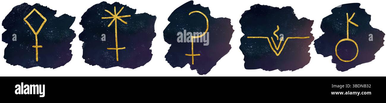 Simboli astrologici del satellite dei pianeti. Illustrazione acquerello. Il set è isolato su uno sfondo bianco. Designazione simbolica di JUNO Foto Stock