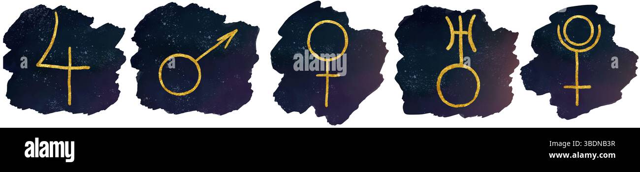Simboli astrologici dei pianeti. Illustrazione acquerello. Il set è isolato su uno sfondo bianco. Designazione simbolica di Venere, Marte, Urano, Foto Stock