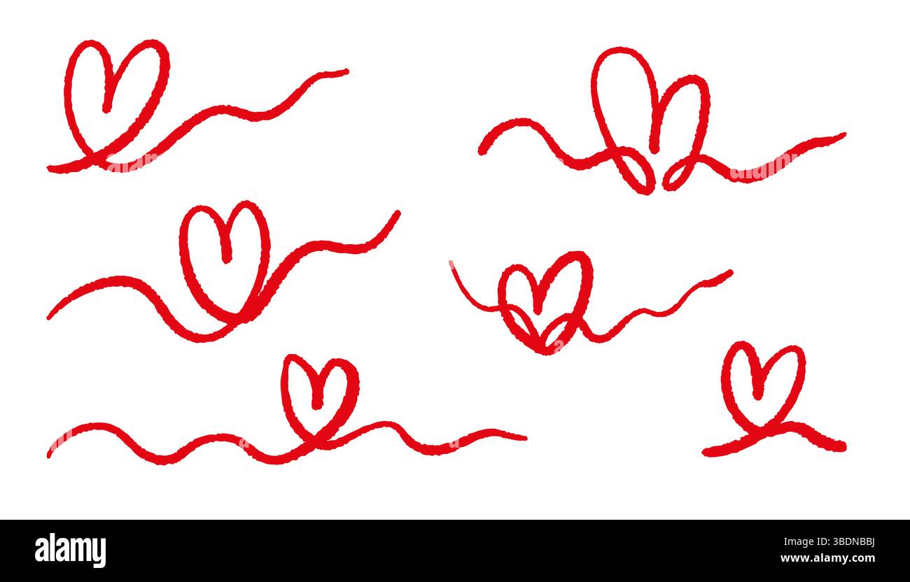 Set di scarabocchi a forma di cuore rossi disegnati a mano. Collezione Love symbol con uno stile accattivante e accattivante per San Valentino, inviti di nozze, carte e decorazioni romantiche Illustrazione Vettoriale