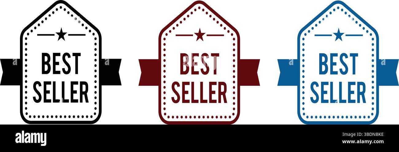 Icona del BEST seller simbolo etichetta distintivo Logo timbro marchio – Set di etichette promozionali nere, rosse e blu per il marketing o l'e-commerce Illustrazione Vettoriale