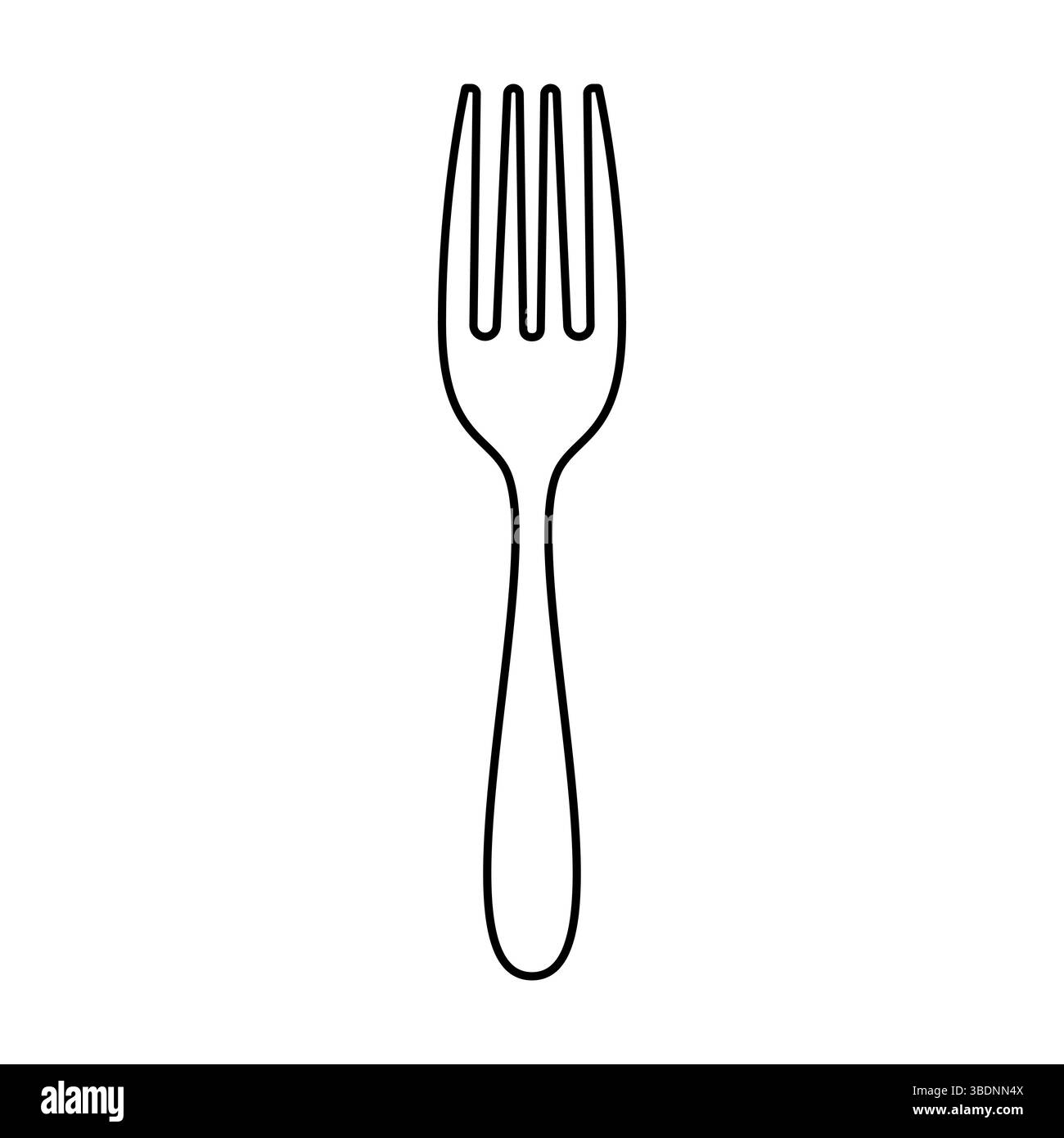 Illustrazione vettoriale profilo forca. Illustrazione in bianco e nero di una forcella. Il design è caratterizzato da un manico lungo e sottile e quattro denti distanziati uniformemente. Illustrazione Vettoriale