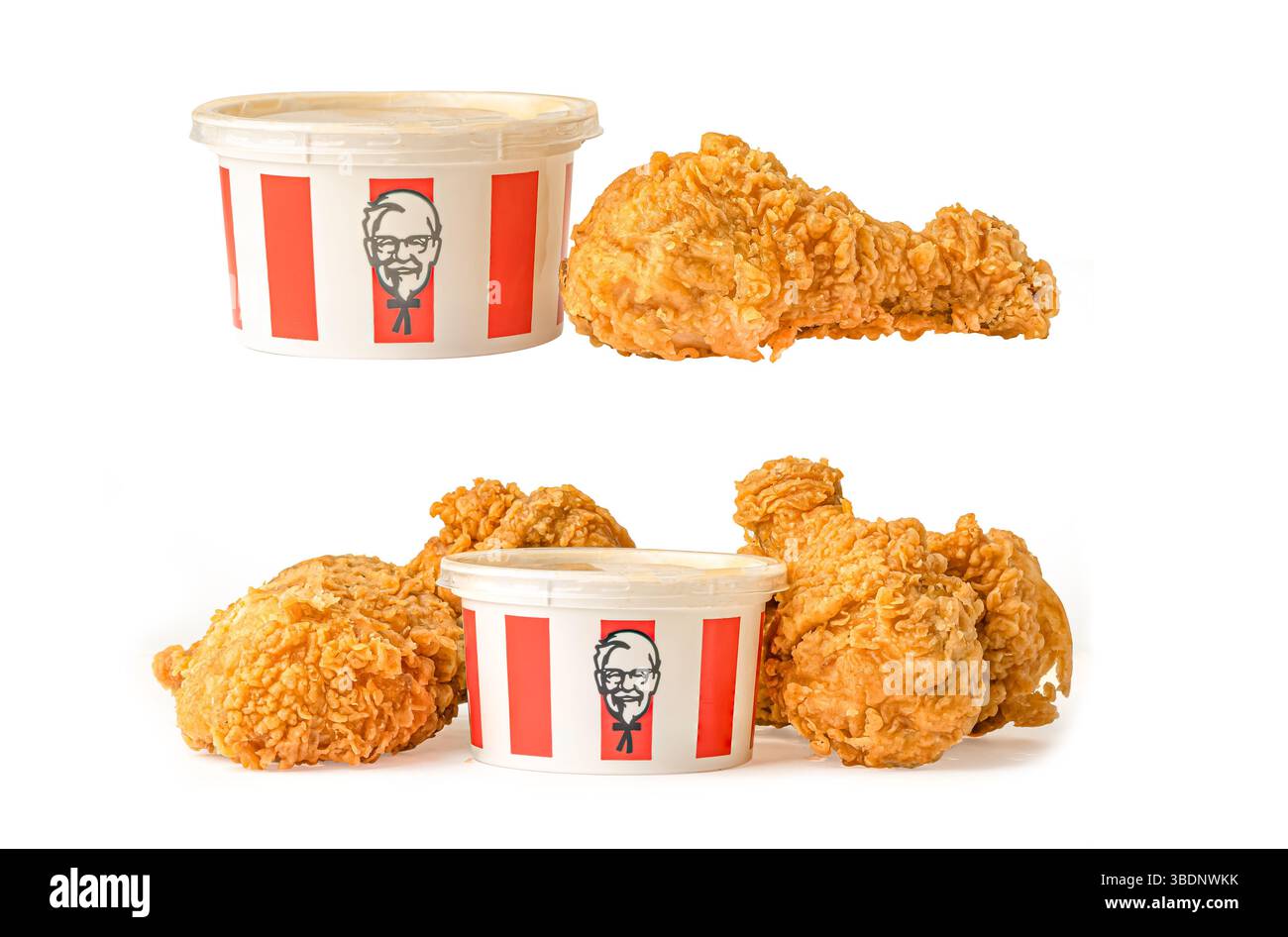Bangkok, Thailandia - 01 agosto 2020 KFC Chicken, Kentucky Fried Chicken con logo di marca, fast food isolato su sfondo bianco. Foto Stock