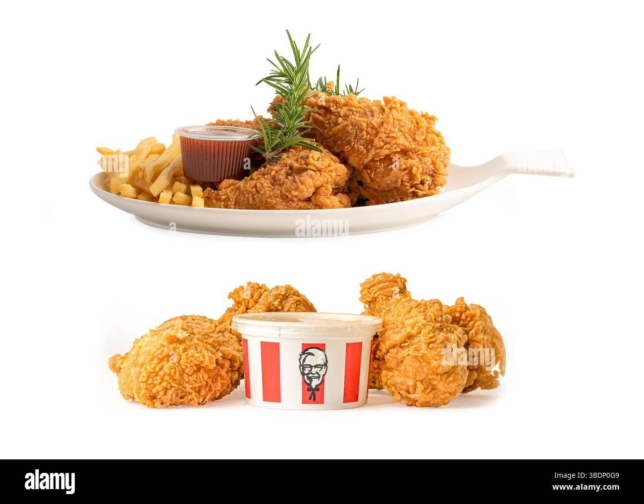 Bangkok, Thailandia 1° agosto 2022 KFC Chicken, Kentucky Fried Chicken con logo del marchio, fast food isolato su sfondo bianco. Foto Stock