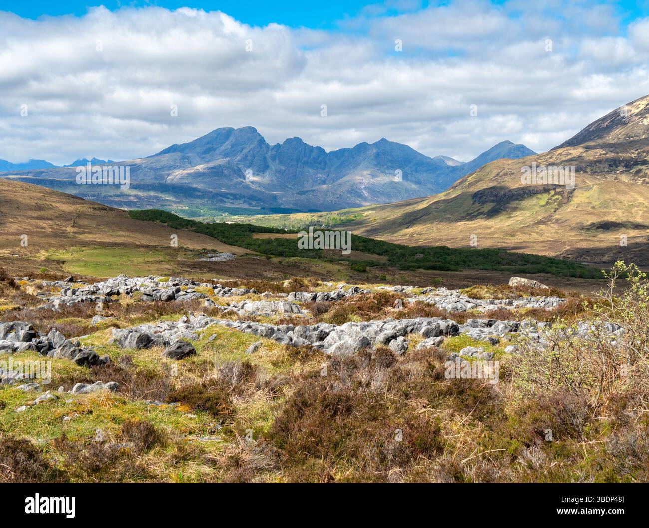 Vista delle Black Cuillin Mountains da Suardal sull'isola di Skye, Scozia, Regno Unito Foto Stock