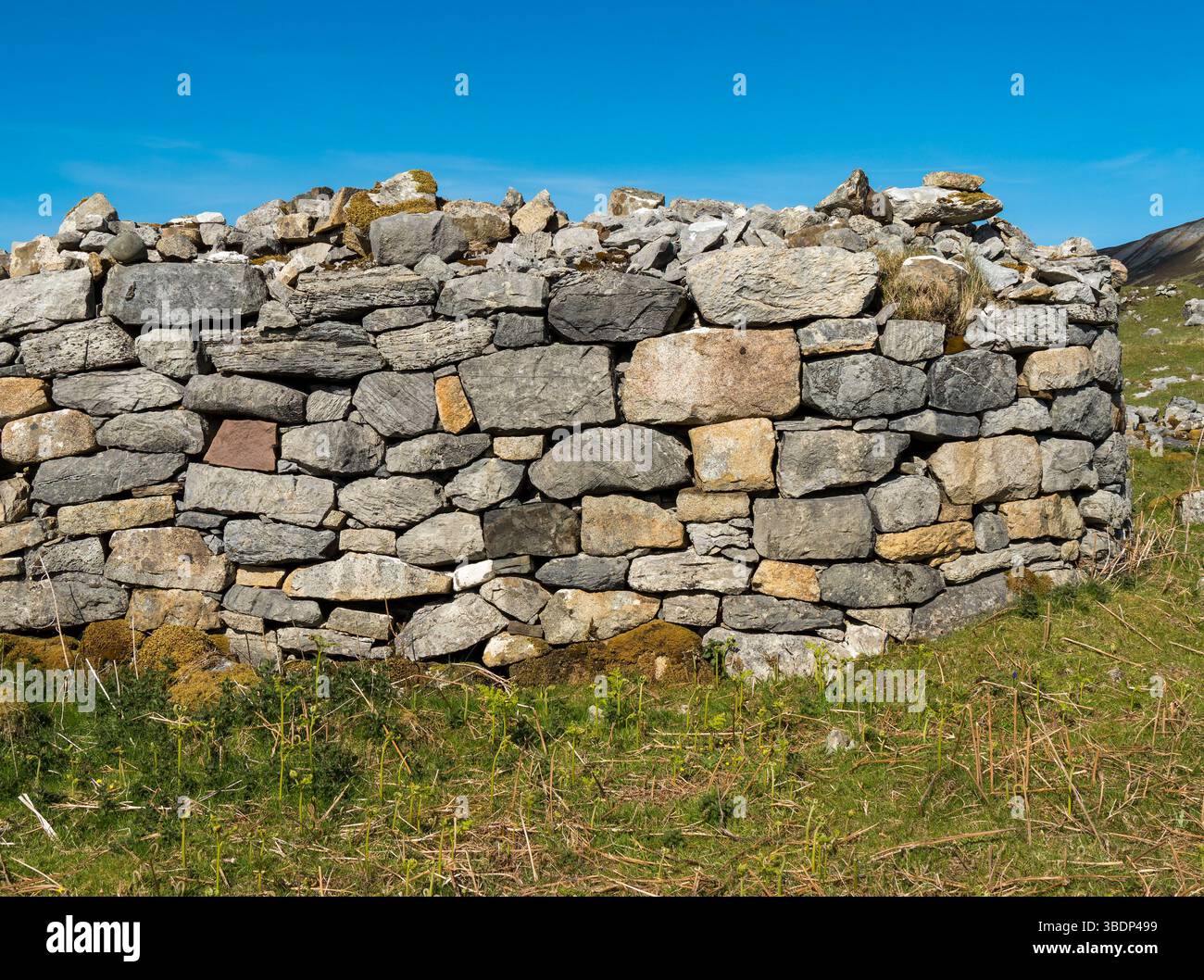 Splendida muratura in pietra a secco nelle rovine di scottish croft a Suardal, Isola di Skye, Scozia, Regno Unito Foto Stock