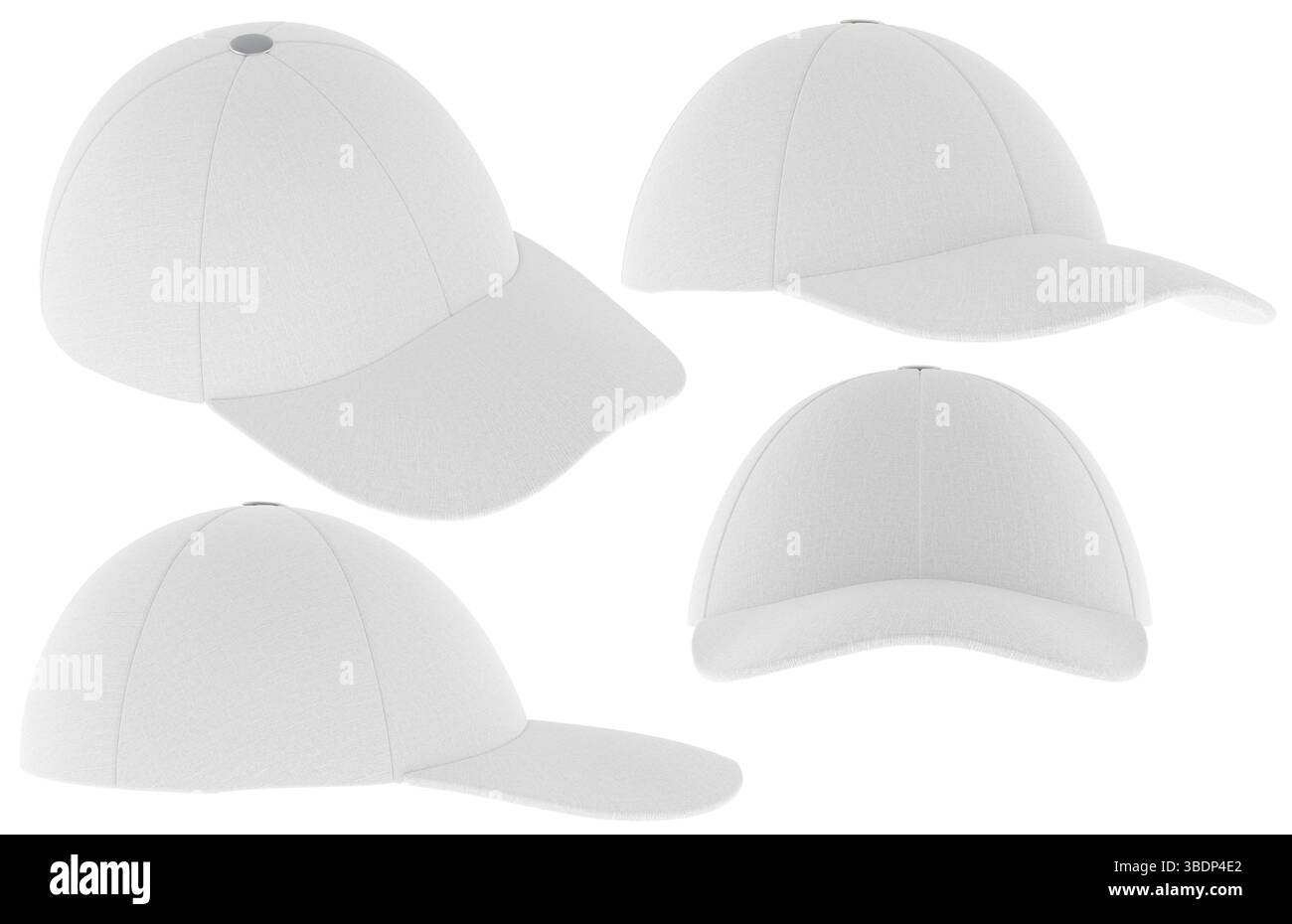 Tappo da baseball vuoto Mockup, angoli multipli. Mockup completamente tagliato adatto per il branding, il design dell'abbigliamento e la presentazione dei prodotti. Isolamento rendering 3D. Foto Stock