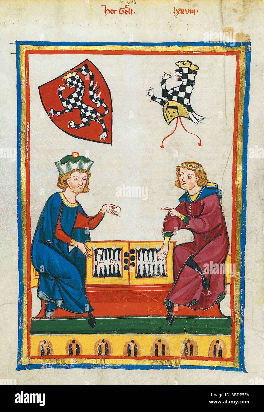 Codex Manesse, UB Heidelberg, : The Manesse Codex è un libro copiato e illustrato tra il 1305 e il 1340 a Zürich. Contiene canzoni d'amore in alto tedesco medio di importanti poeti, molti dei quali erano famosi sovrani. . Persone che giocano a backgammon Foto Stock