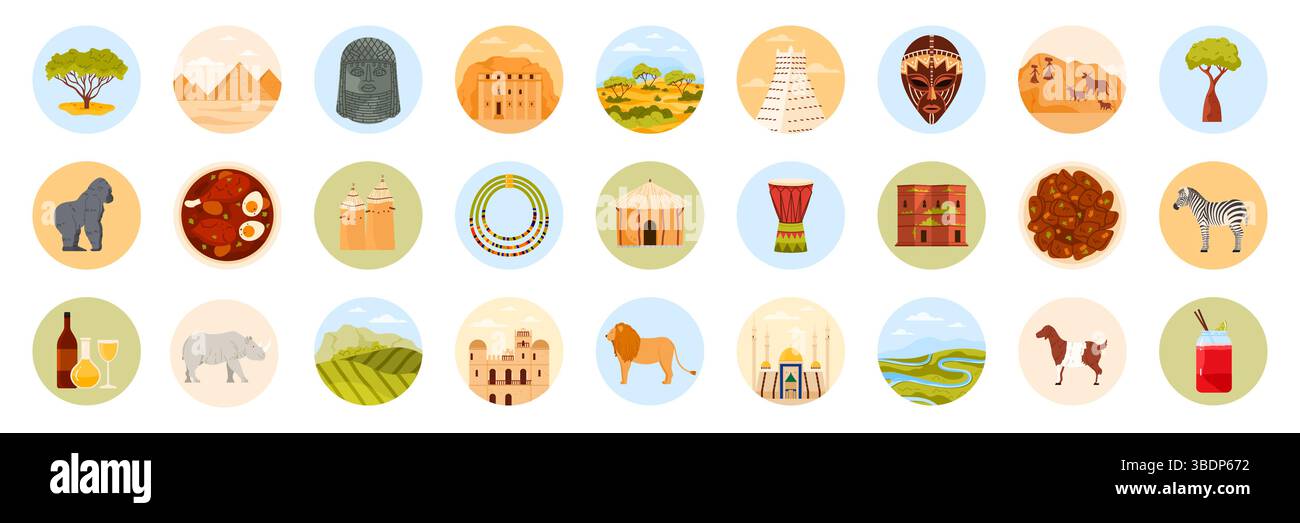 Viaggia in Africa con adesivi rotondi con elementi della cultura africana, luoghi di interesse e cibo. Piramidi d'Egitto e capanna tradizionale, dipinti rupestri, savana e illustrazione vettoriale del paesaggio fluviale Illustrazione Vettoriale