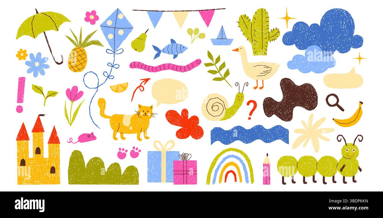 Set di disegni per bambini con matita colorata e gesso, pastello pastello. Graziose immagini a colori dell'immaginazione dell'infanzia, fiori di castello e giardino, aquiloni e cactus, uccelli e gatto, illustrazione vettoriale arcobaleno Illustrazione Vettoriale