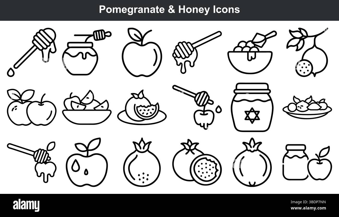 Icone di mele al miele di melograno Rosh hashanah Illustrazione Vettoriale