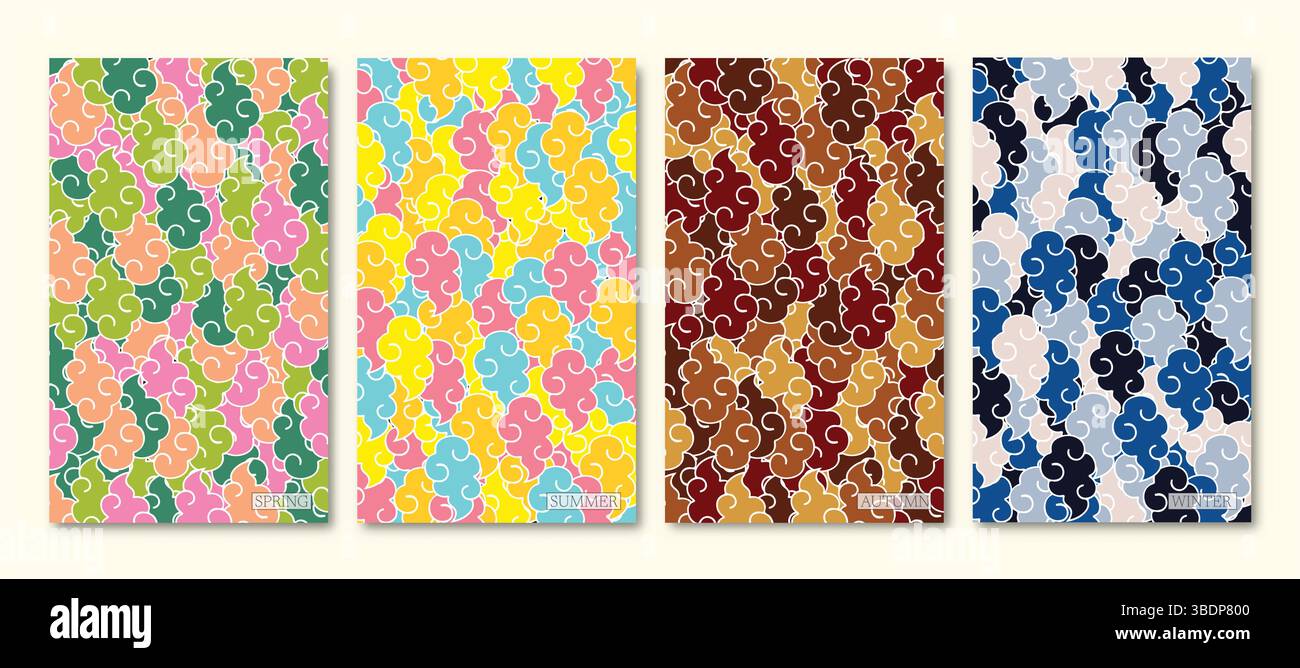 Quattro disegni a nuvole che rappresentano il tema stagionale della primavera, dell'estate, dell'autunno e dell'inverno e possono essere utilizzati per gli sfondi. Illustrazione Vettoriale