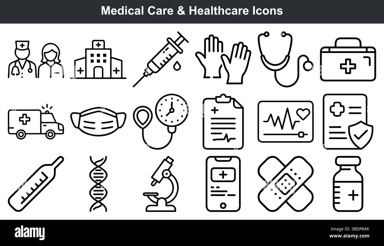 Le icone mediche del settore sanitario impostano grafica line art Illustrazione Vettoriale