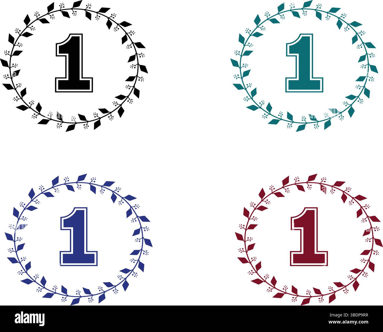 Icona del distintivo di alloro numero uno Design Vector nero e rosso con ghirlanda circolare per classifiche, icona premi, simbolo, etichetta, distintivo, logo, sigillo, timbro, segno Illustrazione Vettoriale