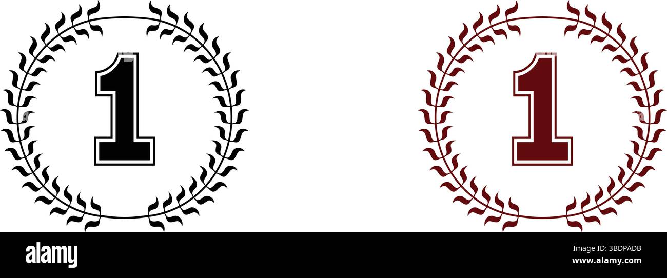 Icona del distintivo di alloro numero uno Design Vector nero e rosso con ghirlanda circolare per classifiche, icona premi, simbolo, etichetta, distintivo, logo, sigillo, timbro, segno Illustrazione Vettoriale