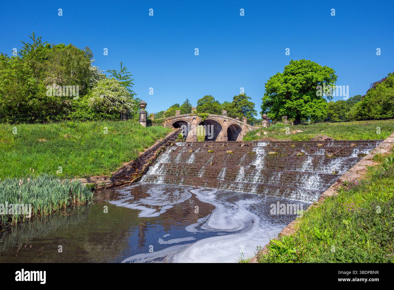 Il ponte Dam Head sul fiume Deame, Yorkshire Sculpture Park, West Bretton, Wakefield, West Yorkshire, Inghilterra, Regno Unito Foto Stock