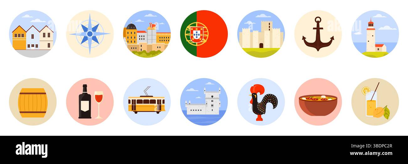 Viaggia verso il Portogallo con una serie di adesivi rotondi con elementi culturali, monumenti e cibo portoghesi. Case tradizionali a Porto, Palazzo da pena e faro, illustrazione vettoriale dei cartoni animati della Torre di Belem Illustrazione Vettoriale