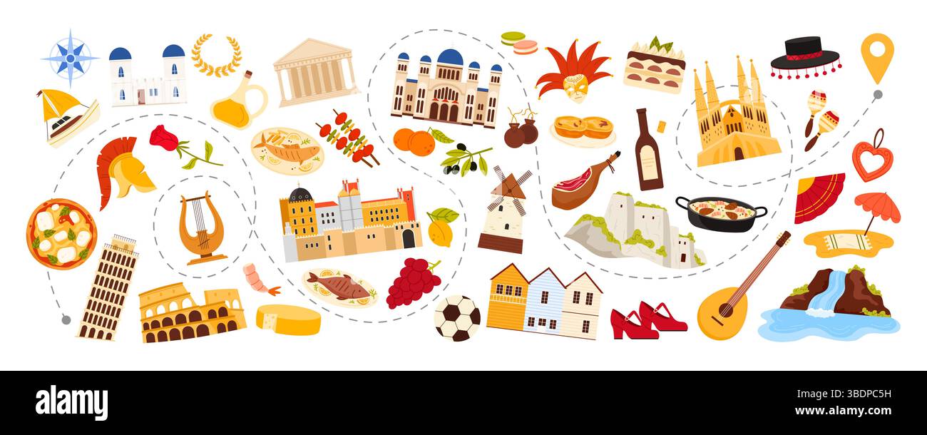 Viaggia verso l'Europa meridionale, gli elementi culturali, il cibo e gli edifici lungo il percorso del viaggio. Pizza e olio d'oliva, Colosseo e Partenone, scarpe Flamenco e maracas, illustrazione dei vettori dei cartoni animati di chitarra Illustrazione Vettoriale