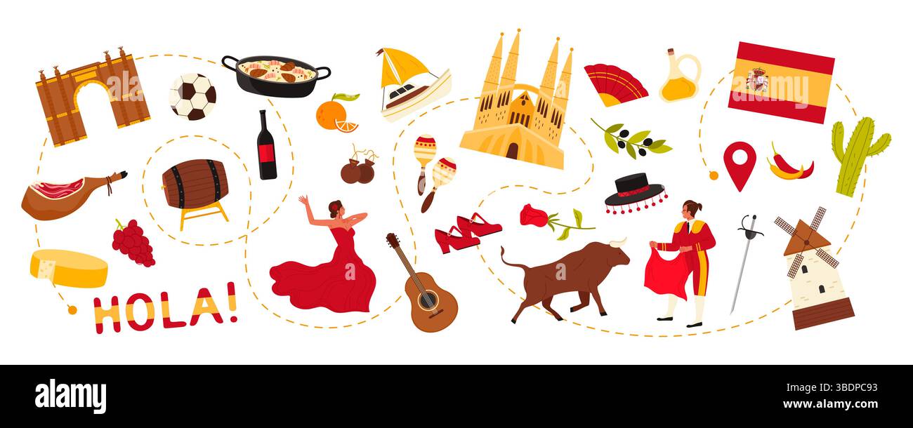 Viaggia in Spagna, danza di flamenco e torero, elementi culturali e luoghi di interesse spagnoli, cibo durante il viaggio in giro per il paese. Chitarra e Castanets, Sagrada Familia illustrazione vettoriale cartoni animati Illustrazione Vettoriale