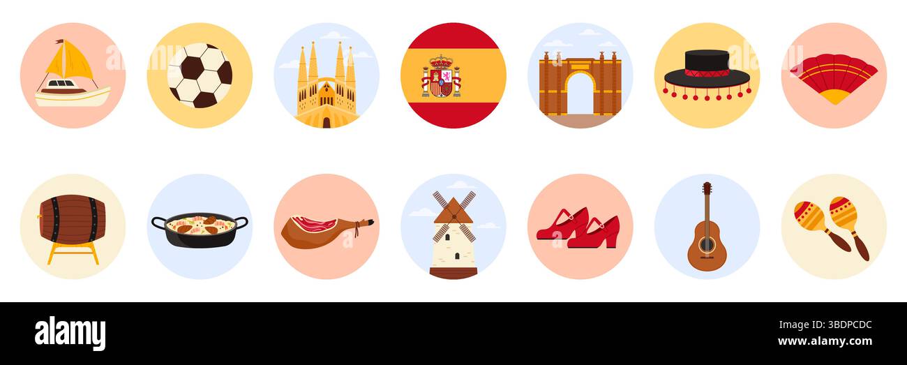 Viaggia in Spagna con una serie di adesivi rotondi con elementi culturali spagnoli, monumenti e cibo. Sagrada Familia e bandiera, ventilatore e scarpe per flamenco, jamon iberico e illustrazione vettoriale di fumetti di vino Illustrazione Vettoriale