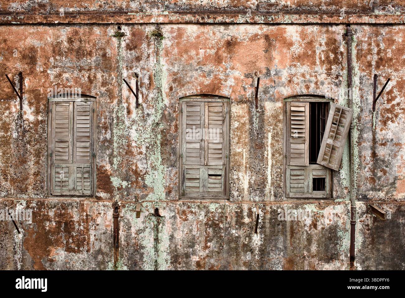 Persiane fatiscenti e pareti intemprate rivelano la sbiadita grandezza del Palazzo Baliati Zamindar nel villaggio di Baliati, Manikganj, Bangladesh. Foto Stock