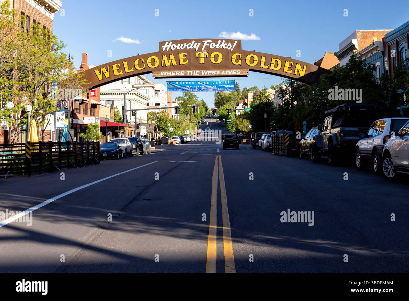 Benvenuto al cartello Golden nel centro di Golden, Colorado, Stati Uniti Foto Stock