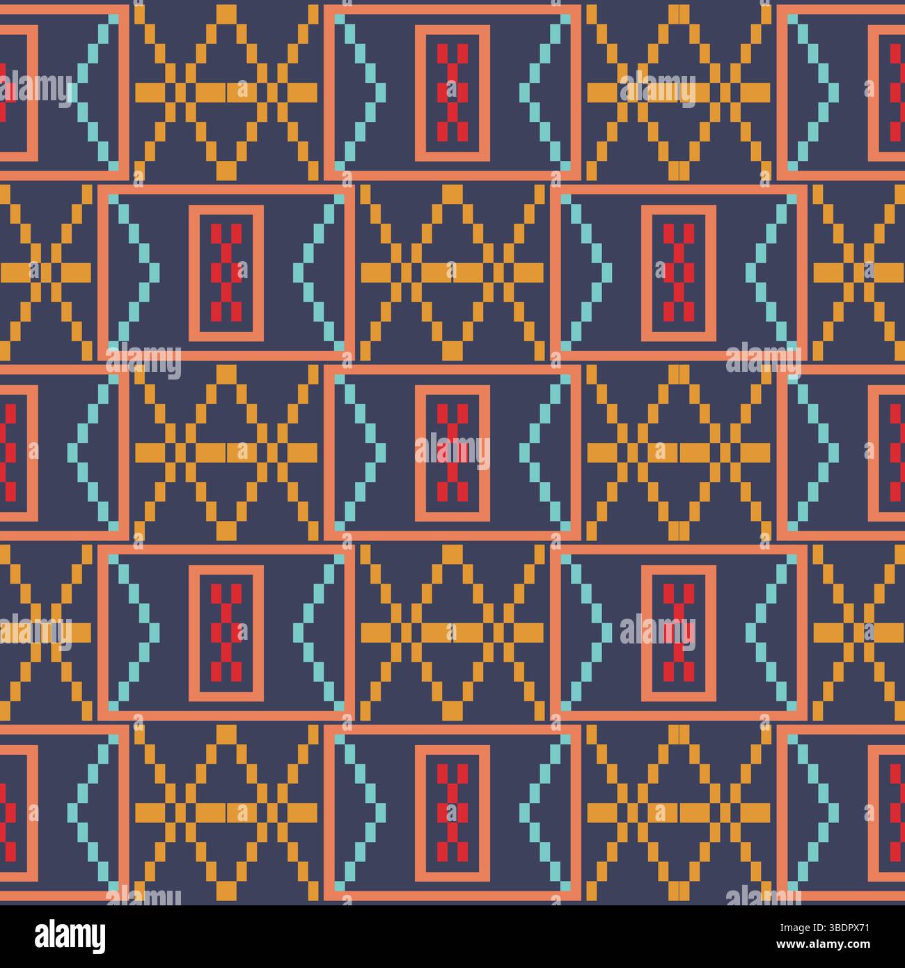 Moderno motivo geometrico senza cuciture ispirato alle tradizioni tessili indigene americane. Sfondo Navy con corallo, turchese, oro e rosso pixelato Illustrazione Vettoriale