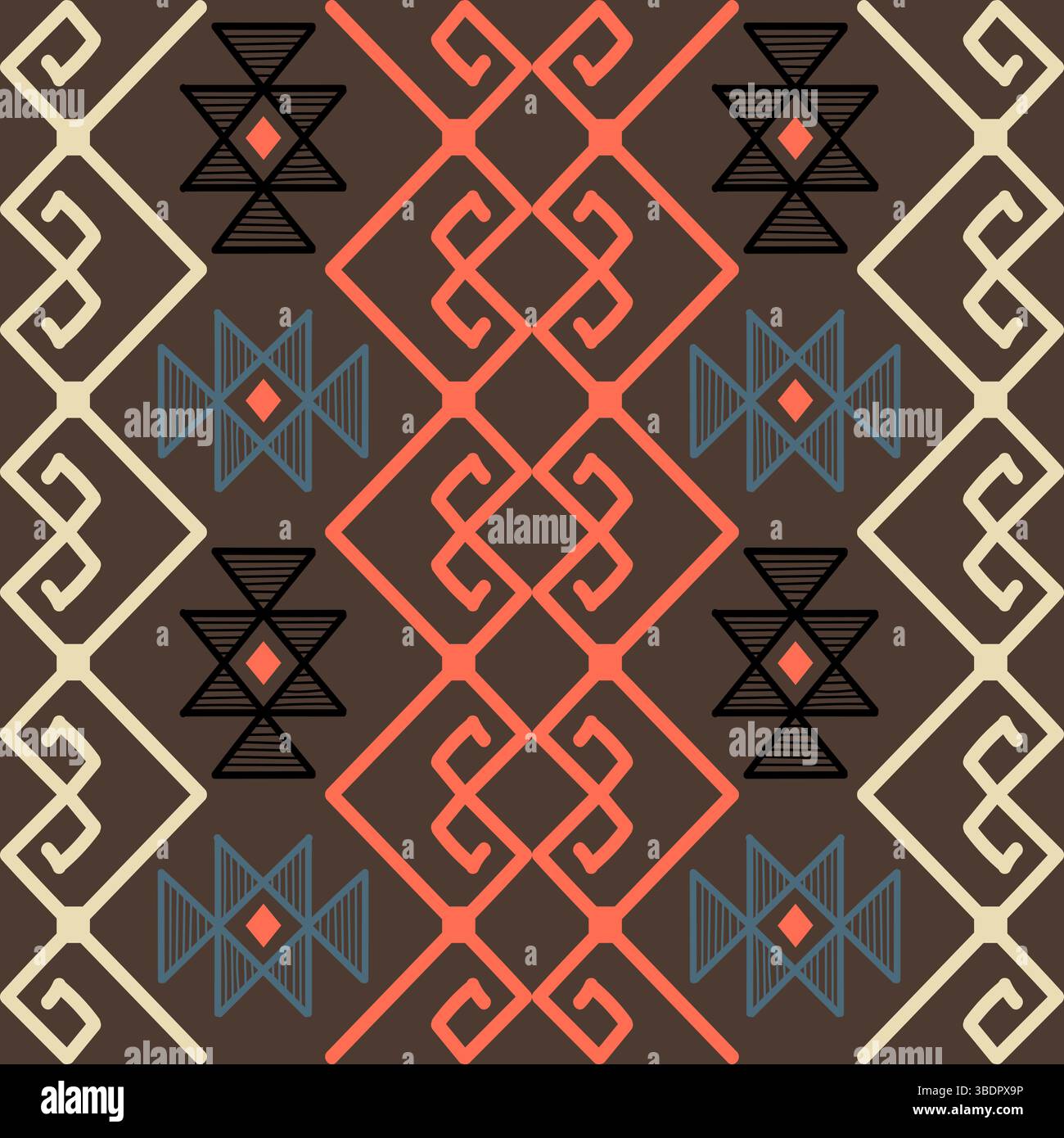 Questo vivace motivo amerindo tribale presenta forme geometriche audaci e colori ricchi ispirati alle culture del Nord e del Sud America. Illustrazione Vettoriale