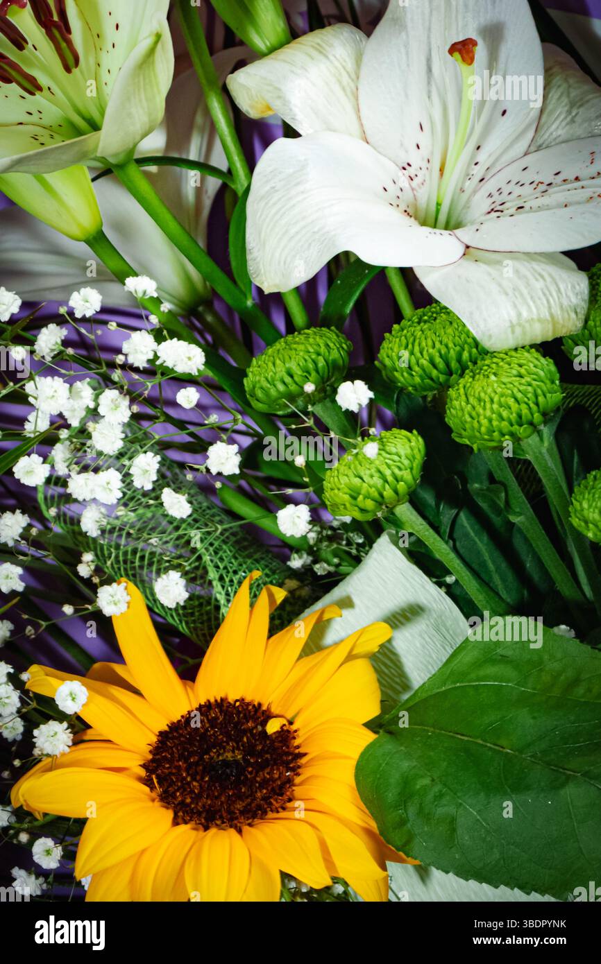 Una vibrante disposizione di fiori caratterizzata da girasoli gialli, gigli bianchi e accenti verdi. Il bouquet e' allestito elegantemente, circondato da delica Foto Stock