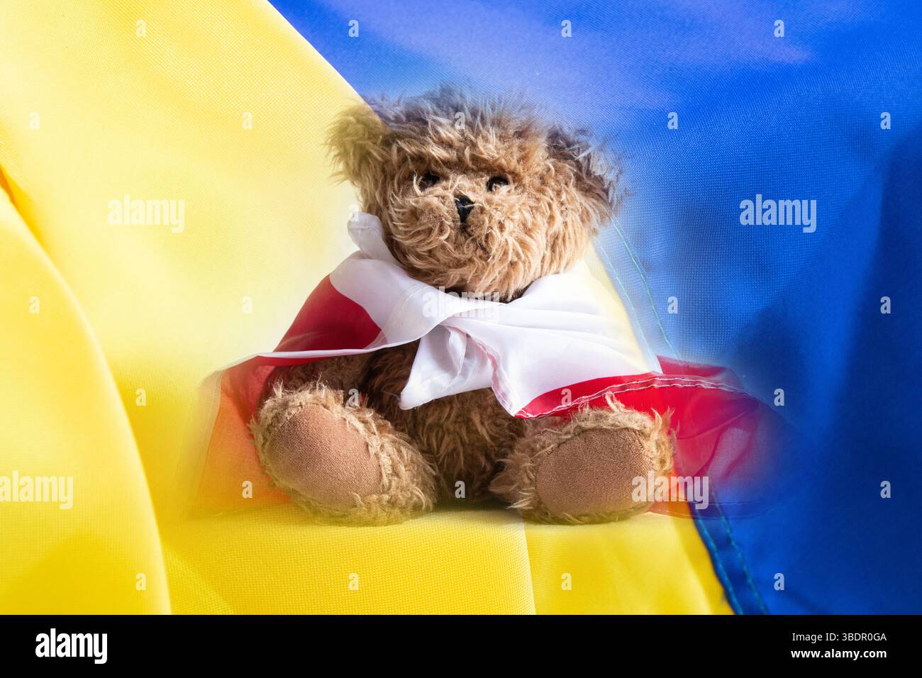 Orso di Teddy con bandiera della Polonia sullo sfondo della bandiera Ucraina, simbolo di amicizia e sostegno tra Polonia e Ucraina Foto Stock