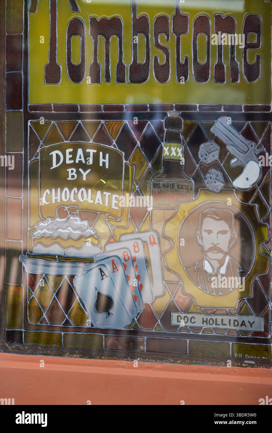 Death by Chocolate finestra artistica in vetro con piombo a Tombstone, Arizona Foto Stock