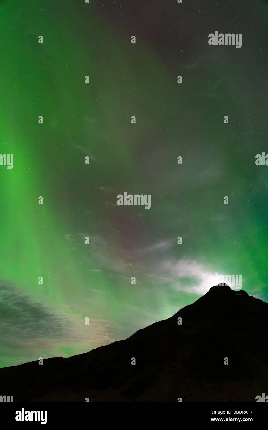 Aurora boreale verde sulle montagne islandesi di notte con Starry Sky Foto Stock