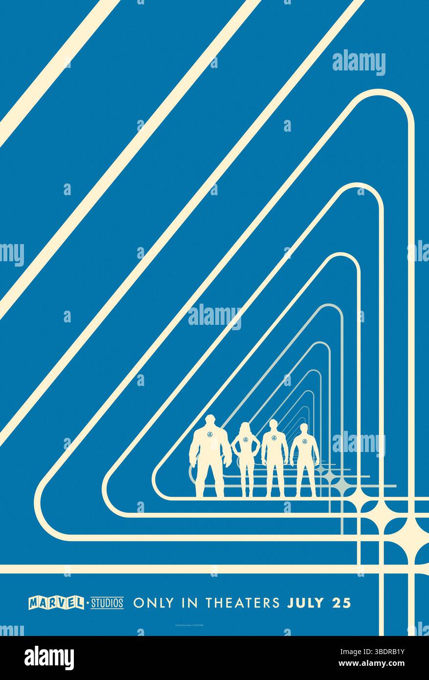 The Fantastic Four: First Steps (2025) diretto da Matt Shakman e interpretato da Pedro Pascal, Vanessa Kirby, Joseph Quinn. I fantastici quattro devono difendere la Terra da un celeberrimo dio spaziale chiamato Galactus e dal suo enigmatico Herald, Silver Surfer. SOLO PER USO EDITORIALE del poster teaser STATUNITENSE. Crediti: BFA / Walt Disney Studios Motion Pictures Foto Stock
