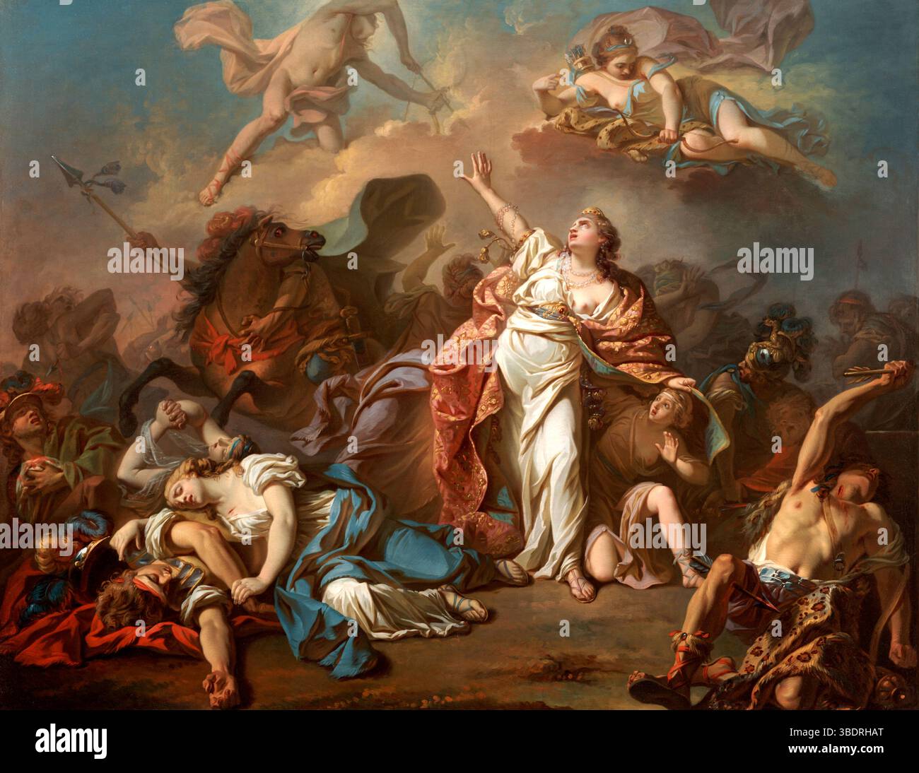 Diana e Apollo Piercing Niobe's Children with their Arrows (1772), olio su tela, Dallas Museum of Art. Oil on Canvas. Jacques-Louis David, 30 agosto 1748 – 29 dicembre 1825) è stato un pittore francese in stile neoclassico, considerato il pittore preminente dell'epoca. Negli anni '1780, il suo marchio cerebrale di pittura storica segnò un cambiamento di gusto lontano dalla frivolezza rococò verso l'austerità classica, la severità e il sentimento accresciuto, che si armonizzò con il clima morale degli ultimi anni dell'Ancien Régime. David in seguito divenne un sostenitore attivo della Rivoluzione francese e amico Foto Stock