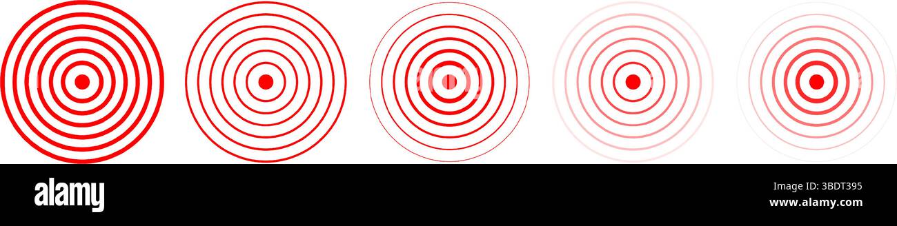 Gruppo di cerchi concentrici rossi. Icone di destinazione. Contrassegni di localizzazione. Simboli di dolore, dolore, dolore o infiammazione. Segnali di pulsazione, radiazione o vibrazione. Pittogrammi radar o onde sonore. Illustrazione vettoriale. Illustrazione Vettoriale