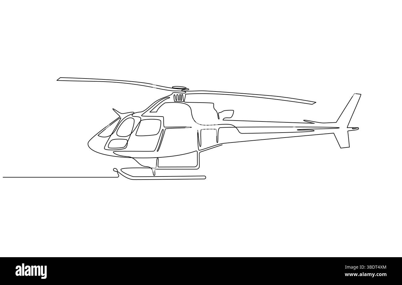 Elicottero in volo A disegno di linea continua, disegno di linea continua di un elicottero, elicottero in stile di disegno di linea singola, Illustrazione Vettoriale