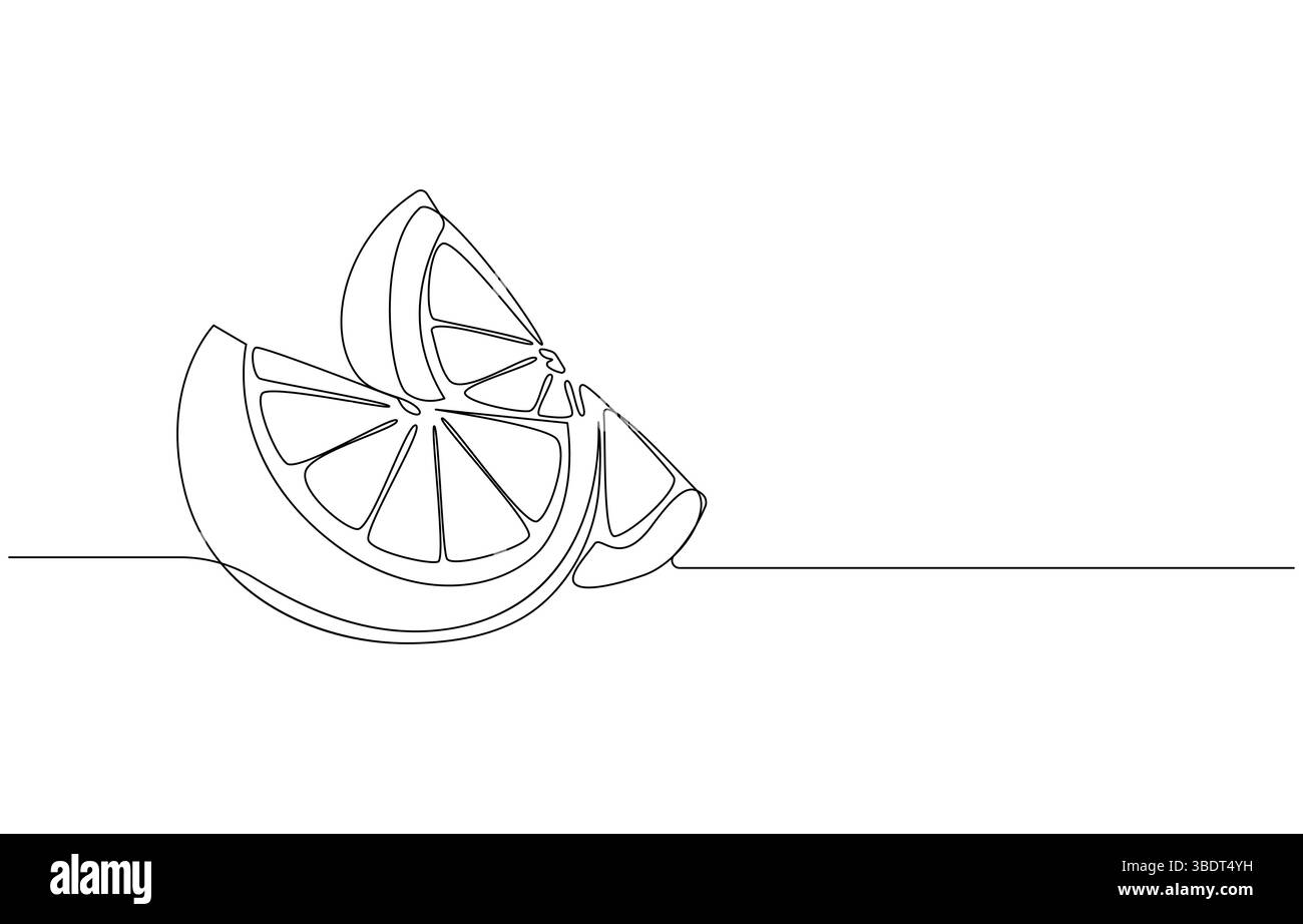 Orange Slices Un disegno a linea singola di agrumi, Line Art Illustration of a Lemon Slice, Orange Fruit Slice with Leaf - linea minimalista A. Illustrazione Vettoriale