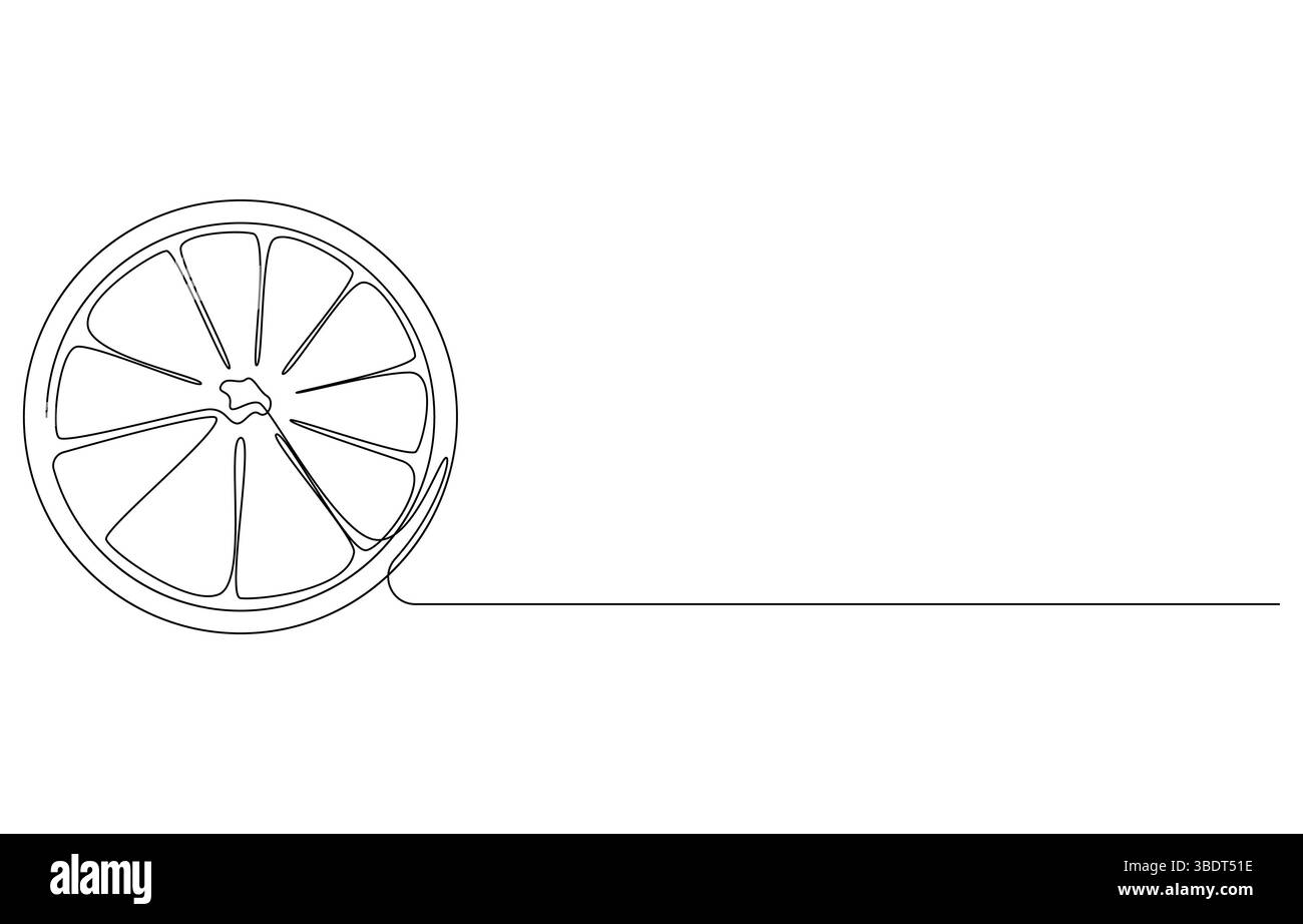 Orange Slices Un disegno a linea singola di agrumi, Line Art Illustration of a Lemon Slice, Orange Fruit Slice with Leaf - linea minimalista A. Illustrazione Vettoriale