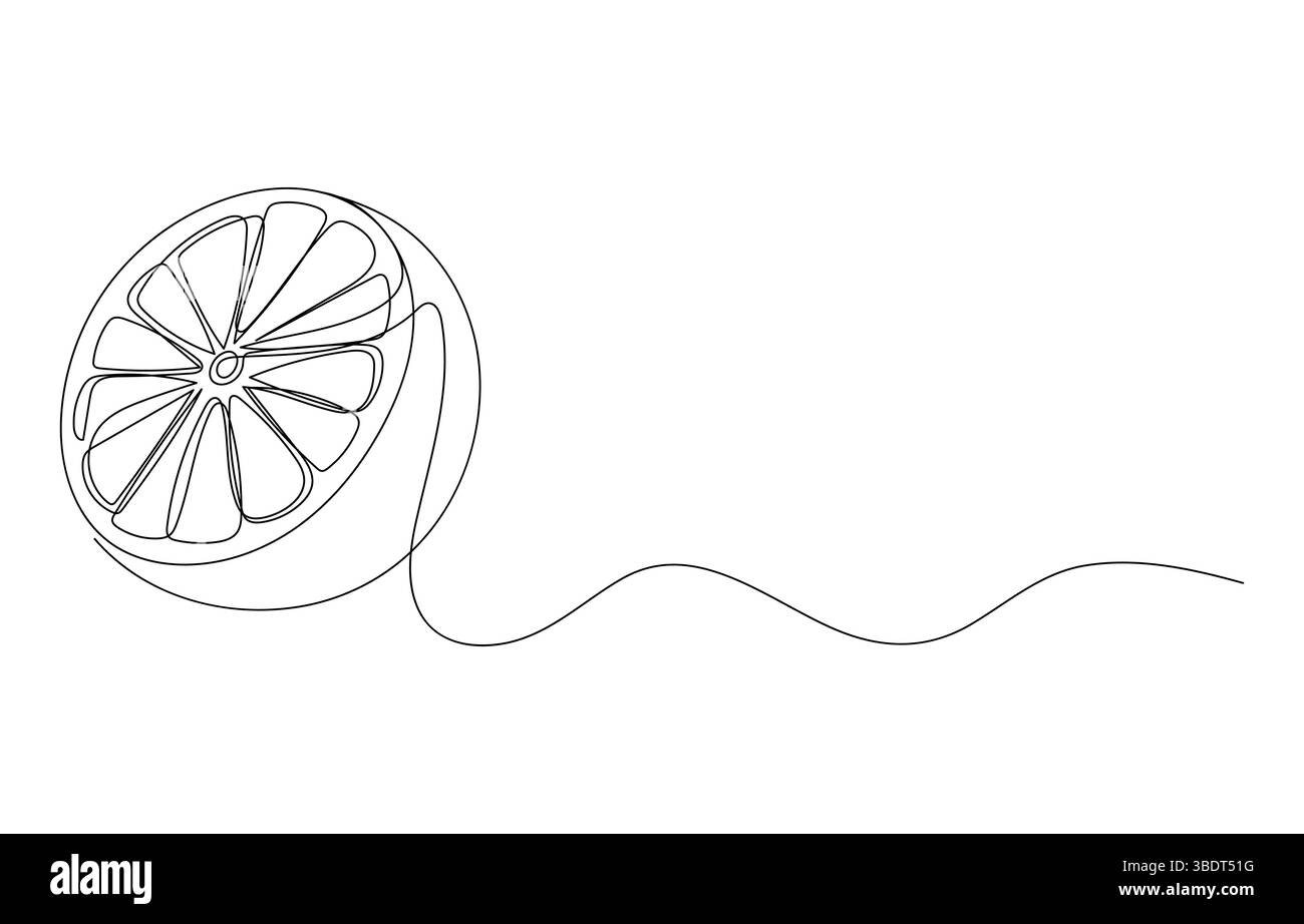 Orange Slices Un disegno a linea singola di agrumi, Line Art Illustration of a Lemon Slice, Orange Fruit Slice with Leaf - linea minimalista A. Illustrazione Vettoriale